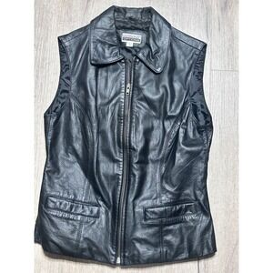 Working Options Black Leather Zip Front Vest Collar Medium Womens Vintage